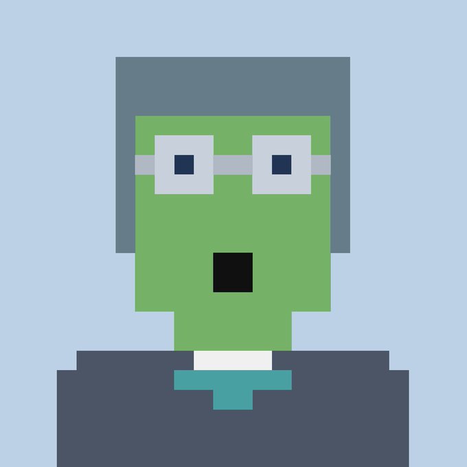 A pixel art illustration of a green Frankenstein-style character with square glasses on a light blue background.