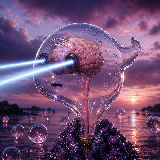 A surreal digital artwork depicts a transparent figure with an exposed brain emitting blue laser beams from its eyes, set against a sunset beach scene with bubbles.
