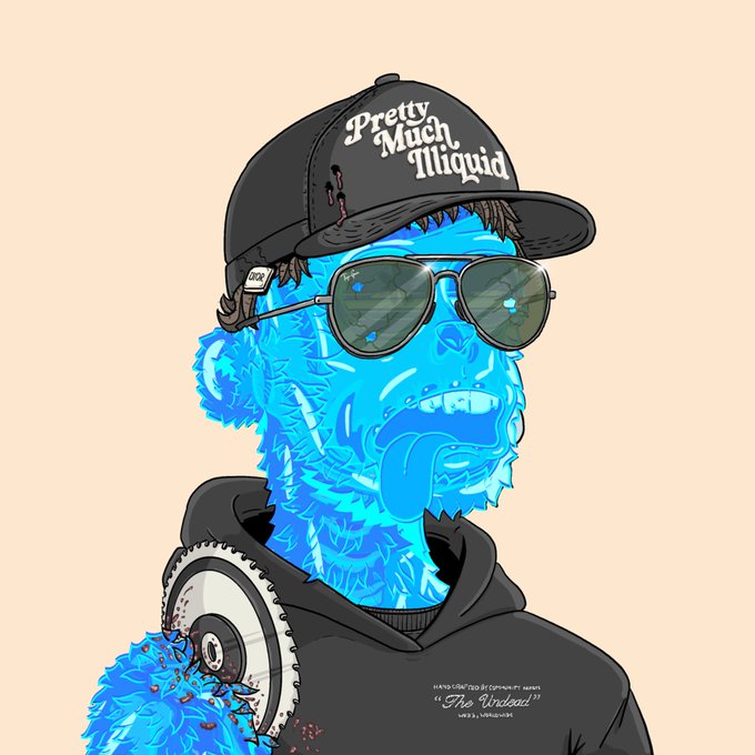 A digital illustration of a blue furry creature wearing a black cap with 'Pretty Much Illiquid' text, sunglasses, and a black hoodie.