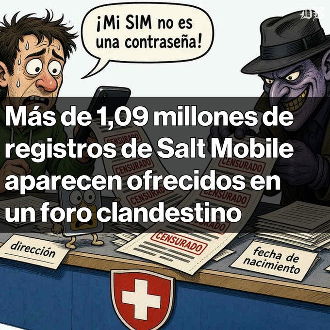 A Spanish-language illustration and news graphic showing a distressed man on the phone and a menacing figure handing out papers, with text stating 'Más de 1,09 millones de registros de Salt Mobile aparecen ofrecidos en un foro clandestino' over documents labeled 'CENSURADO' and 'dirección' / 'fecha de nacimiento'.