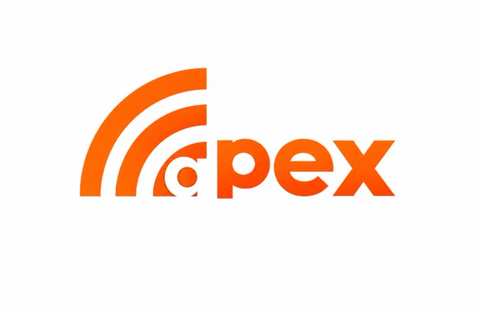 An orange logo featuring an arc design alongside the lowercase text 'apex' on a white background, resembling an RSS or signal icon.