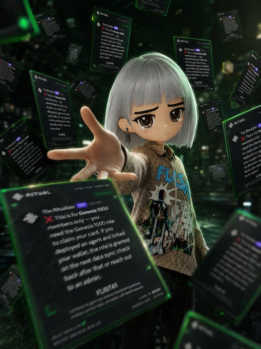 A 3D anime-style avatar with silver hair reaches out amid floating 'RITUAL' cards referencing 'The Ritualizer' and Genessis 1000 members, with a 'FUNFAIR' shirt.