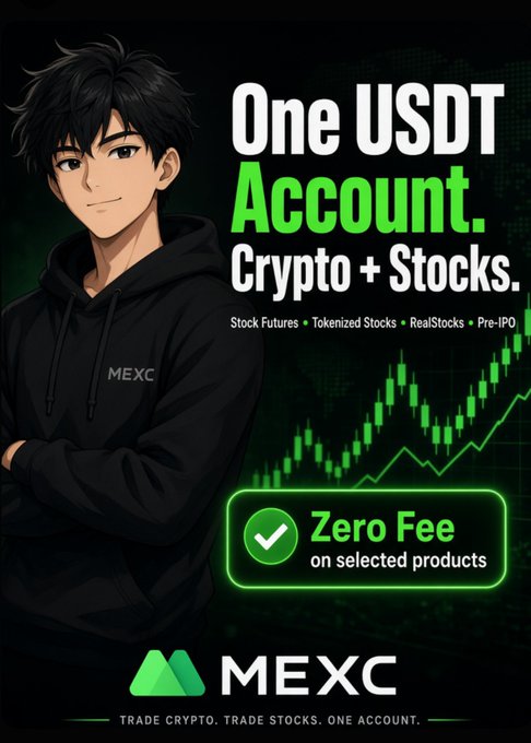 MEXC promotional ad reading 'One USDT Account. Crypto + Stocks.' featuring an anime-style character and highlighting zero fees on selected products.