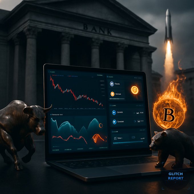 A digitally composed image depicting financial market chaos, featuring a laptop showing trading charts flanked by a bronze bull and bear statue, a bank building, a flaming coin with "B", and a rocket launching in the background with "GLITCH REPORT" in the corner.
