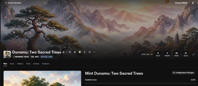 A screenshot of an OpenSea NFT listing for 'Dunamu: Two Sacred Trees' showing an East Asian landscape artwork with countdown timers for minting.