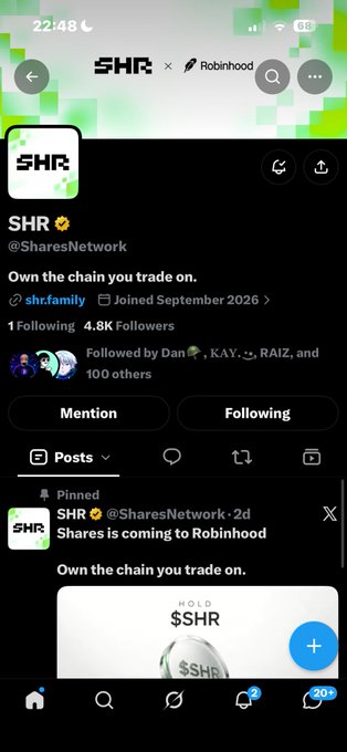 Twitter/X profile page for SHR (@SharesNetwork) announcing 'Shares is coming to Robinhood' with 'HOLD $SHR' promotional image.