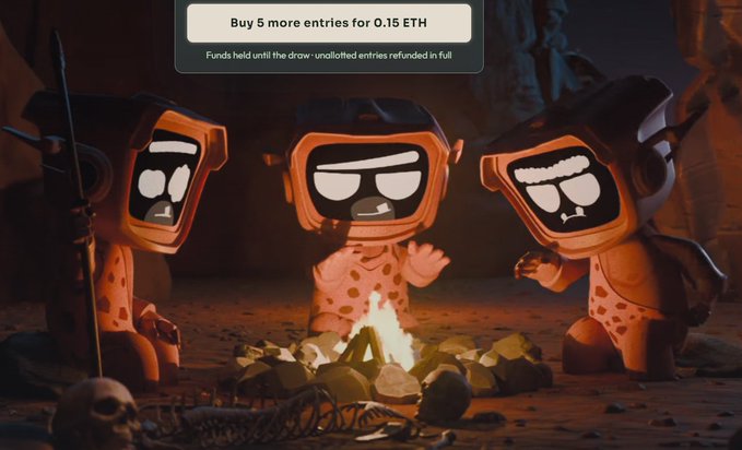 An NFT-related image showing three cartoon characters with TV-monitor heads wearing caveman/cavewoman outfits sitting around a campfire in a cave setting, with a banner reading 'Buy 5 more entries for 0.15 ETH'.