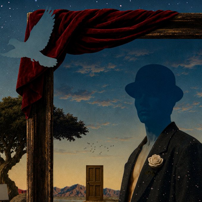 A surreal artwork shows a translucent blue figure of a man wearing a bowler hat and a suit with a white rose, standing within a wooden frame structure with a red cloth, looking out over a landscape with a lone door.