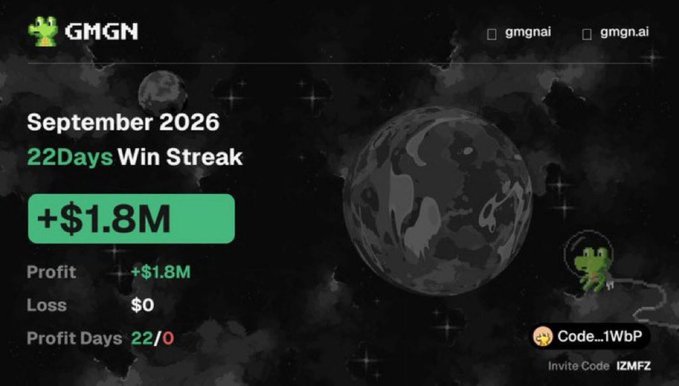 The image displays a screenshot from GMGN.ai showing a September 2026 trading performance summary with a 22-day win streak and +$1.8M in profit, alongside an illustration of an astronaut and a moon, which the poster cites as proof of their exceptional memecoin trading success under age 20.