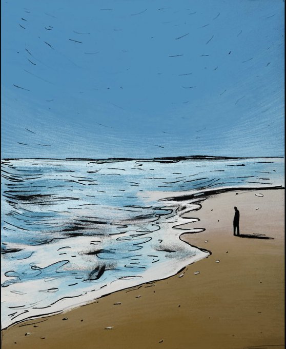 A stylized digital painting of a solitary figure standing on a curving shoreline, looking out at a vibrant blue sea beneath a bright blue sky with wispy clouds.