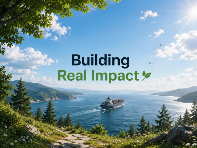 A serene landscape image showing a cargo ship sailing on a blue sea surrounded by green hills, with the text 'Building Real Impact' overlaid in the center.