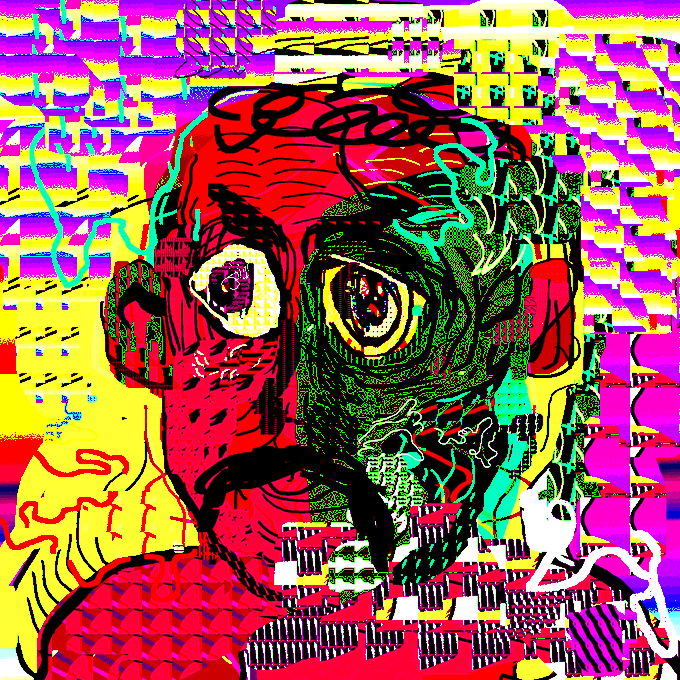 A highly stylized, psychedelic digital illustration features a distorted face split between red and green, with a wide, mismatched eye and chaotic, colorful patterns filling the background.