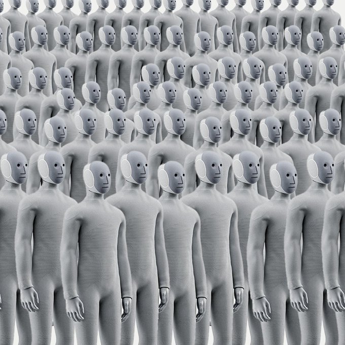 The image depicts rows upon rows of identical gray humanoid figures stretching into the distance, visually representing the billions of people the $NPC token aims to symbolize with its supply of exactly 8,050,126,520 tokens—one for each living human on Earth at the memecoin's birth.