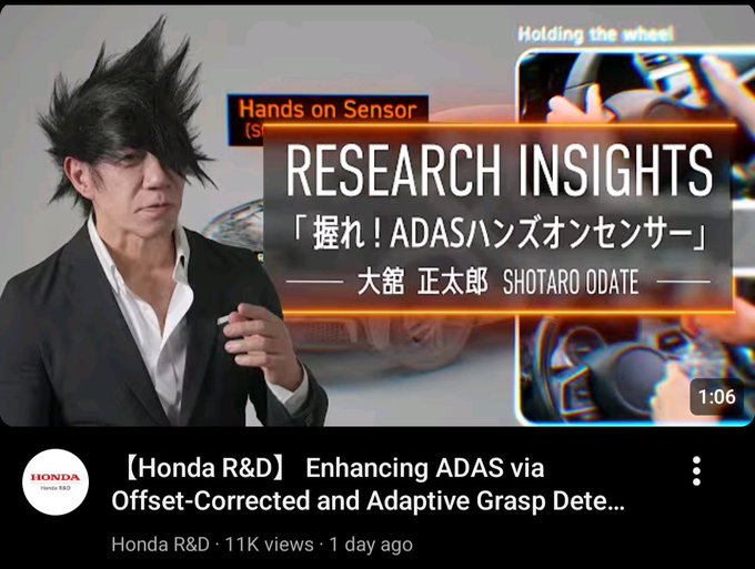 A YouTube thumbnail from Honda R&D titled '【Honda R&D】 Enhancing ADAS via Offset-Corrected and Adaptive Grasp Detection,' featuring a man with spiky hair and Japanese text 'RESEARCH INSIGHTS 握れ！ADASハンズオンセンサー' by Shotaro Odate.