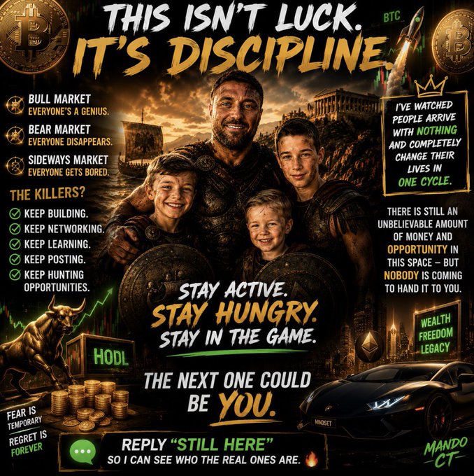 A motivational crypto-themed graphic headlined "THIS ISN'T LUCK. IT'S DISCIPLINE" features a man with three boys in front of a Spartan warrior backdrop, surrounded by Bitcoin logos, a Lamborghini, "HODL" text, and market-cycle warnings (bull, bear, sideways), urging viewers to reply "STILL HERE" to prove commitment—directly reinforcing the post's theme that success in crypto comes to those who refuse to quit during any market condition.