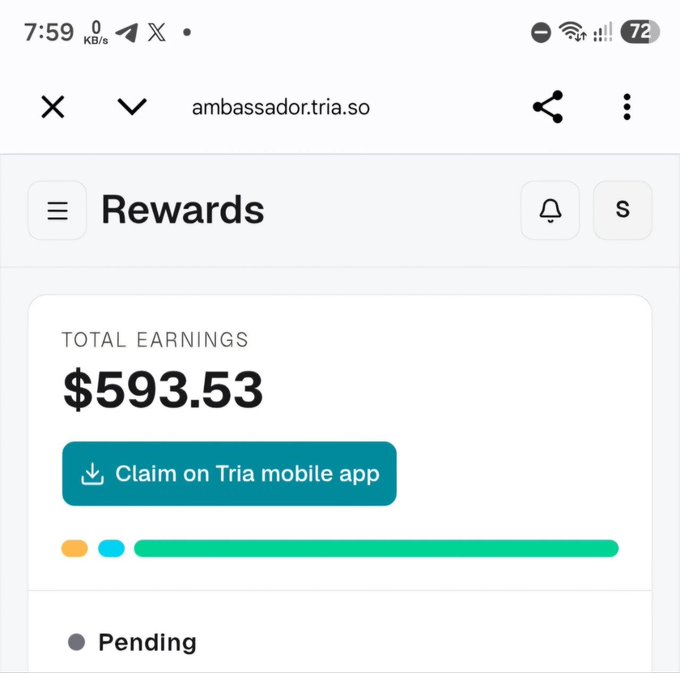The image shows the Tria Ambassador rewards page displaying total earnings of $593.53 with a "Claim on Tria mobile app" button, directly illustrating the post's announcement that bonus rewards from the Tria Ambassador program are now available to claim.