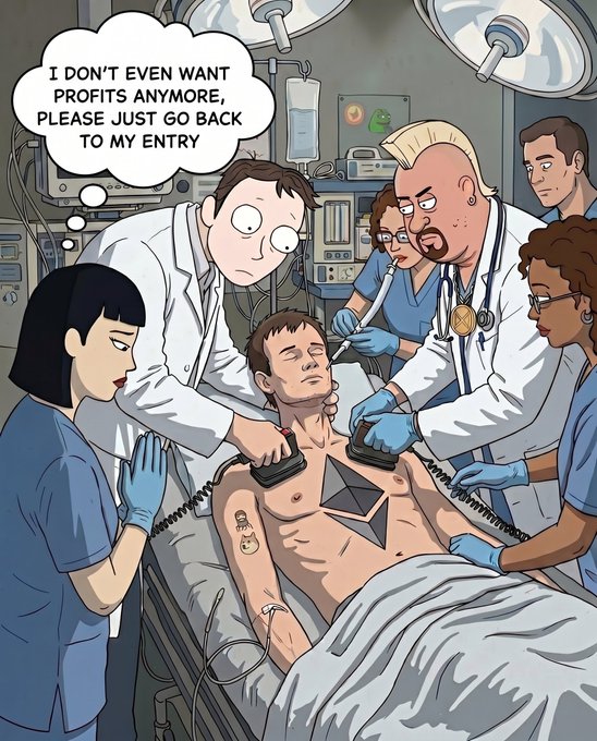 The image features a cartoon depiction of a man lying on a hospital bed, hooked up to an EKG machine while surrounded by medical professionals wearing scrubs. The caption above the scene reads "I don't even want profits anymore, please just go back to my entry." This suggests that the artist is making a humorous commentary about the healthcare industry and its financial aspects.