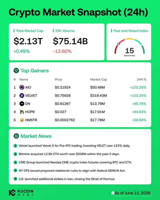 The image is an infographic that provides an overview of a Cryptocurrency market snapshot, specifically focusing on the top gainers and their gains over a 24 hour period. It also includes information about the cryptocurrency velvet X, which was launched for pre-IPO trading, and Bitmine acquiring 12.5K ETH worth over $206M within the past 3 days. The post is scheduled to be published at #CryptoPlatforms in the week of June 11th.