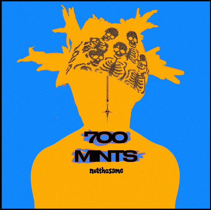 An artistic album-style graphic featuring an orange silhouette of a person with skull and skeleton imagery inside the head against a blue background, with text reading '700 MNTS notthesame'.
