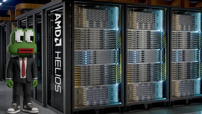 A green cartoon frog character wearing a black suit and red tie stands next to a massive 'AMD HELIOS' server rack installation filled with stacked networking equipment and glowing blue lights.