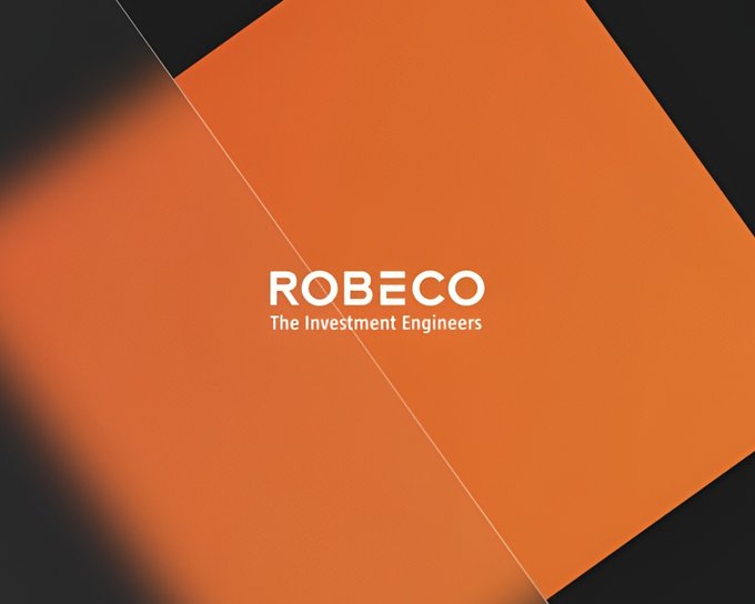 A Robeco brand slide featuring an orange and black geometric background with the white text 'ROBECO - The Investment Engineers' centered on screen.