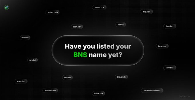 A dark promotional graphic asking 'Have you listed your BNS name yet?' surrounded by various .bdx blockchain domain names like 'cardano.bdx', 'solana.bdx', and 'bitcoin.bdx'.