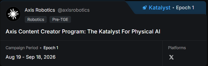 A screenshot of a Katalyst campaign page on X for "Axis Robotics" titled "Axis Content Creator Program: The Katalyst For Physical AI," running from Aug 19 to Sep 18, 2026, tagged with Robotics and Pre-TGE.