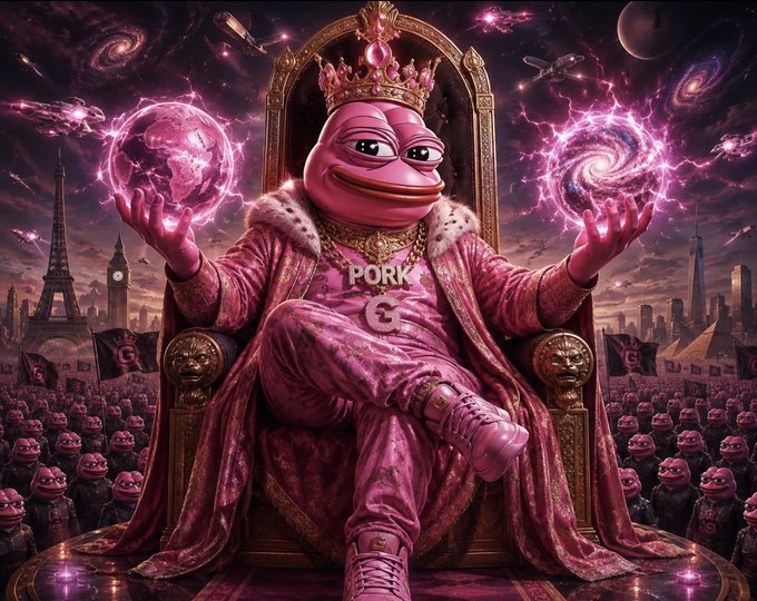 A fantasy digital artwork depicts a pink frog-like creature wearing a crown and regal robe, sitting on a throne while holding glowing planets, wearing a shirt that says 'PORK G'.