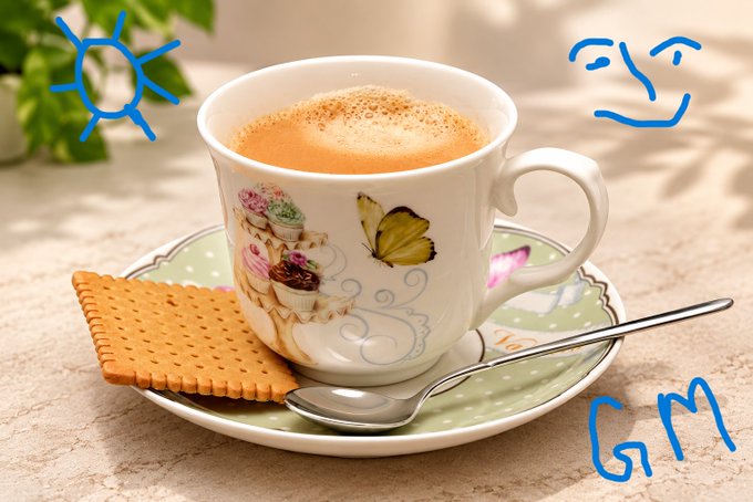 A decorative teacup filled with coffee or tea sits on a saucer with biscuits, decorated with simple blue line drawings of a sun, a face, and 'GM' in the corners.