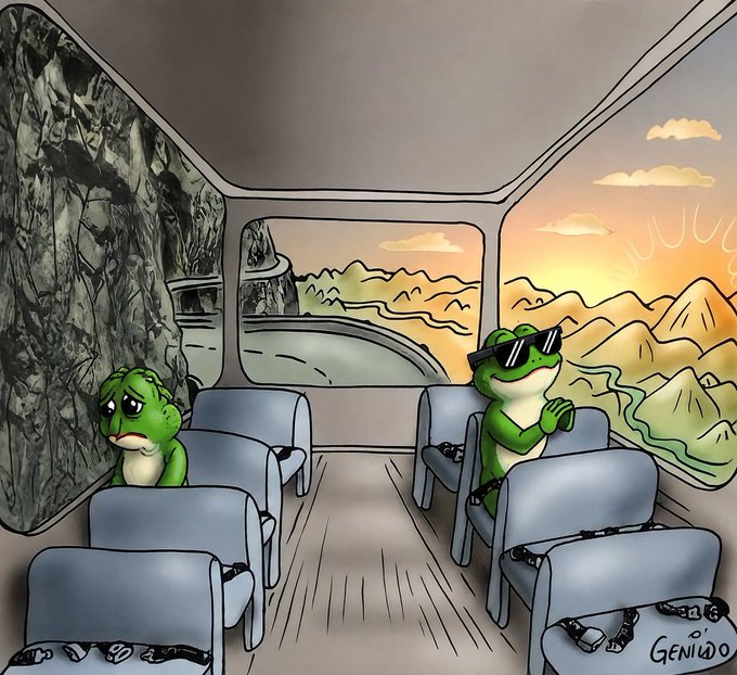 An illustration signed by Genildo showing two green frogs on a bus with seatbelts, one sad by a rocky wall and one cool with sunglasses looking out at a sunset landscape.