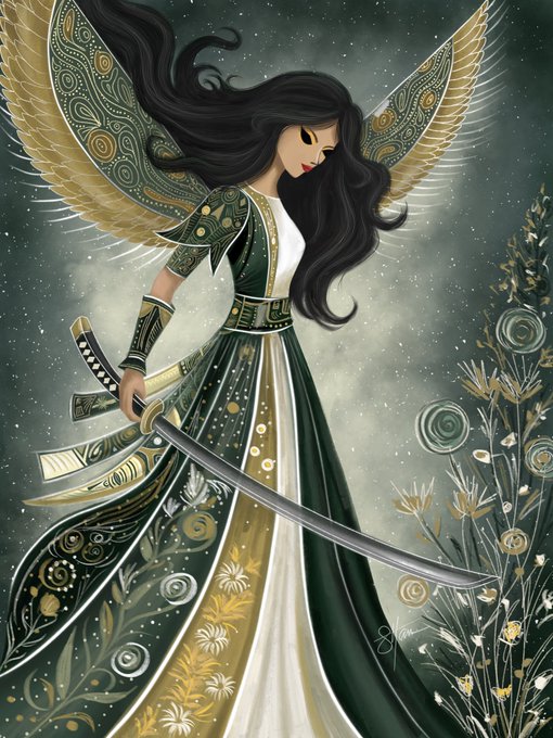 A fantasy illustration of a dark-haired angelic figure with large, ornate golden wings, wearing a green and white dress and holding a sword, surrounded by floral and swirling motifs.