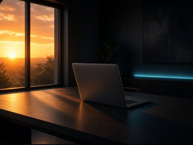 A laptop sits open on a wooden desk in a dimly lit room, illuminated by warm sunset light streaming through a large window.