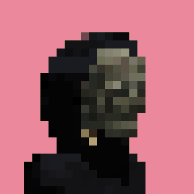 A heavily pixelated, low-resolution portrait of a person in a hood against a solid pink background.