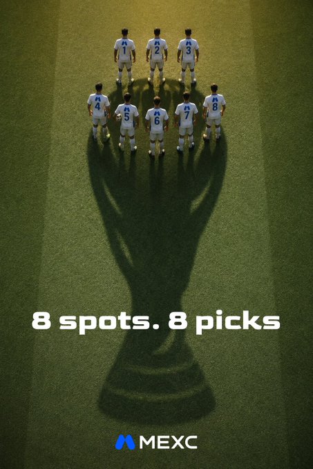 Eight soccer players in numbered jerseys (1–8) stand on a field whose shadows form a trophy silhouette, alongside the text "8 spots. 8 picks" and the MEXC logo, visually reinforcing the giveaway's challenge to correctly predict 4+ of the 8 teams for a chance to win.