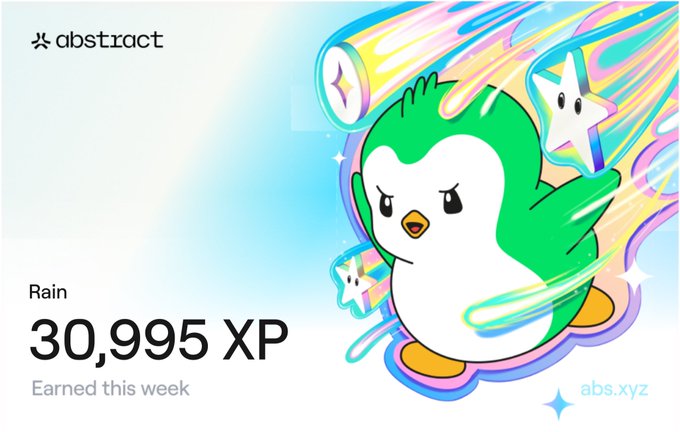 The image features a cartoon penguin with green and white feathers standing upright on its hind legs, holding a star in one hand and a rainbow-colored umbrella in the other. The background of the image has a blue sky with colorful clouds and stars. Below the penguin, there is text that reads "Rain 30,955 XP this week".