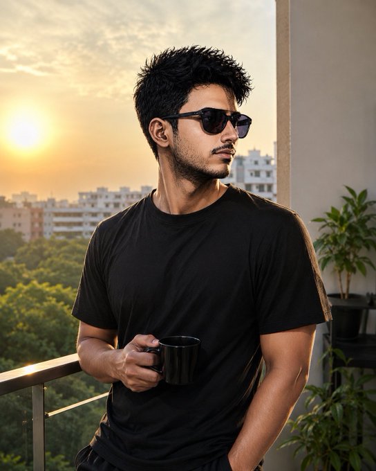 Stylized portrait of a young man with dark hair wearing sunglasses and a black t-shirt, holding a black coffee mug on a balcony at sunset with a city skyline behind him.
