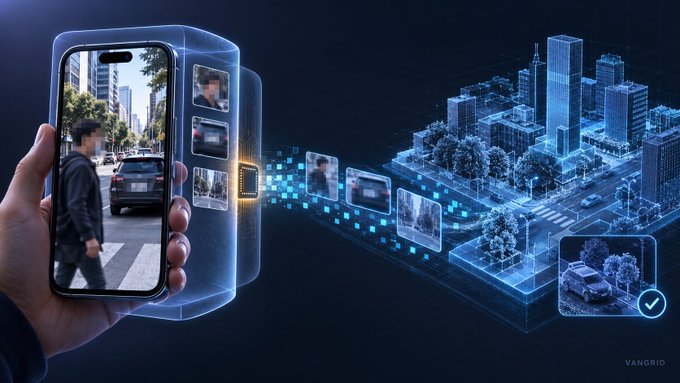 A promotional image showing a hand holding a smartphone displaying AR data overlays, connected to a holographic 3D cityscape with cars and buildings, branded with the Vangrid logo.