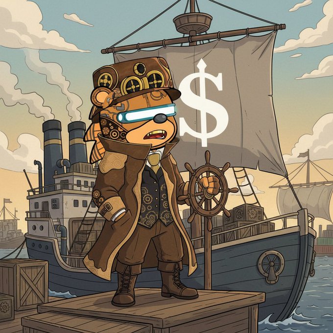 An illustration of a steampunk bear in a top hat and goggles standing on a dock with a dollar sign on the ship's sail behind it.