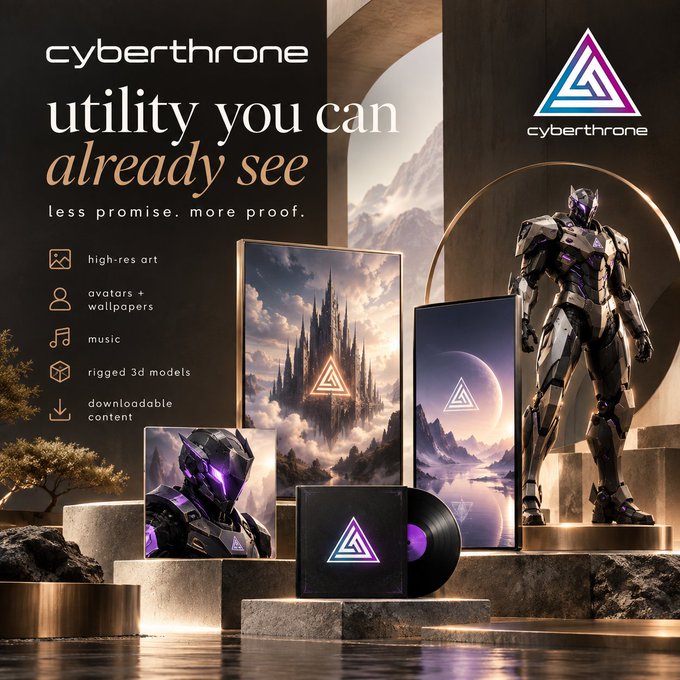 A promotional graphic for "cyberthrone" titled "utility you can already see - less promise, more proof," displaying digital collectibles like high-res art, avatars, music, and 3D models of an armored character.