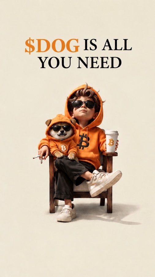 A stylized illustration of a child in an orange Bitcoin hoodie sitting in a chair holding a dog in matching attire, with the text "$DOG IS ALL YOU NEED" above.