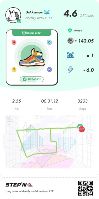 A STEP'N app screenshot shows a Trainer Lv30 sneaker, stats including 4.6 GST/Min, and a walking route map covering 2.55 Km in 00:31:12.