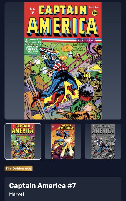Marvel's Captain America #7 comic book cover featuring Captain America in action, with thumbnails of related issues below and a 'Golden Age' tag.