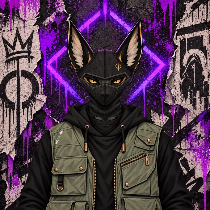 A stylized character wears a black cat-eared mask and olive green vest, set against a purple and black graffiti-covered background.