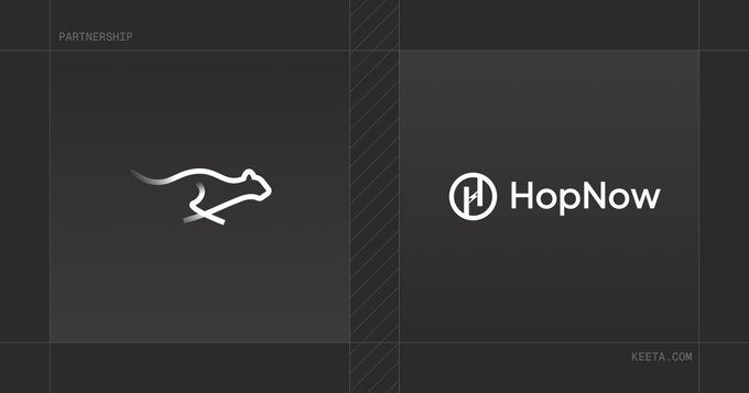 A partnership announcement banner with a dark background featuring a kangaroo logo on the left and the HopNow logo on the right, with 'PARTNERSHIP' in the top-left and 'KEETA.COM' in the bottom-right.