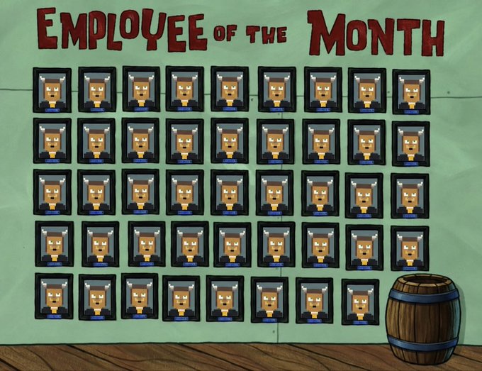 An "Employee of the Month" wall displays repeated cartoon portraits of horned figures, with one final empty frame beside a wooden barrel. The image ties to the post's humor by parodying corporate recognition, suggesting that all 20 top Clock In executors on Stonkbrokers.cash have earned equal recognition—and a $50 $GME token bonus—rather than singling out a single "employee of the month."