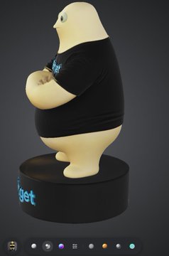 A 3D rendered, rounded white character wearing a black t-shirt with blue text stands on a black circular base, viewed from behind against a dark grey background.