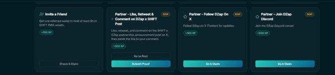 A dark-themed interface displaying four promotional cards for earning SHIFT tokens, with tasks labeled 'Invite a Friend', 'Partner - Like, Retweet & Comment on DZap x SHIFT Post', 'Partner - Follow DZap On X', and 'Partner - Join DZap Discord'.