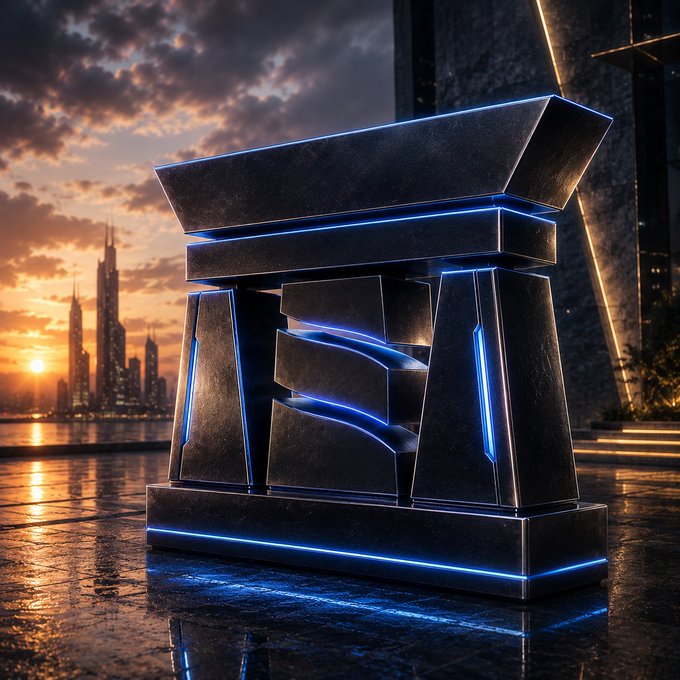 A futuristic dark metallic structure with blue neon lighting accents, set against a dramatic sunset cityscape with skyscrapers in the background.