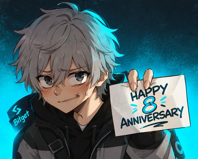 An anime-style illustration of a gray-haired character holding a sign that reads 'HAPPY 8th ANNIVERSARY' with a Bitget logo on their backpack.