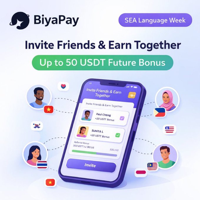 BiyaPay's "Invite Friends & Earn Together" promotion offers up to 50 USDT in future bonuses, highlighting its Southeast Asian (SEA) Language Week initiative with app screenshots showing invitees like Paul Cheng and Sunita L earning +20 USST bonuses each, alongside country flags (Vietnam, Philippines, Thailand, Malaysia, Indonesia) representing the diverse SEA regions the platform serves—directly illustrating the cross-border, multilingual crypto and fintech accessibility emphasized in the post.